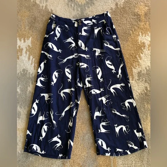 ModCloth Feline Cat Print Wide Leg Linen Crop Pant Sz 8 - Picture 2 of 14